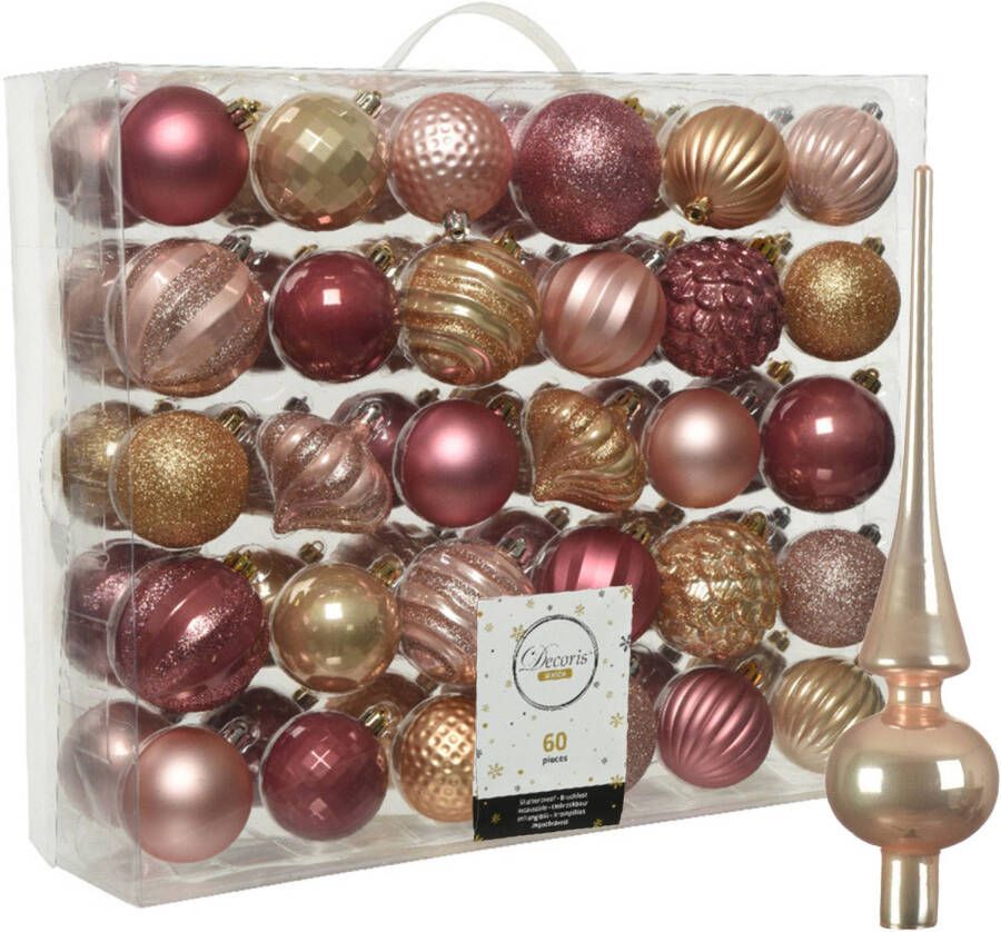 Decoris Kunststof kerstballen 60x stuks 6-7 cm met glazen glans piek roze en bruin Kerstbal