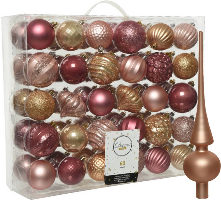 Decoris Kunststof kerstballen 60x stuks 6-7 cm met glazen matte piek roze en bruin Kerstbal
