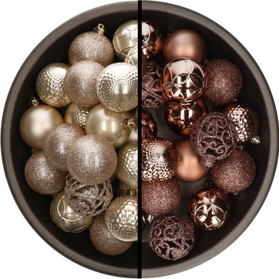 Decoris Kunststof kerstballen 74x stuks champagne en bruin 6 cm Kerstbal