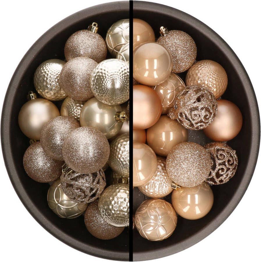 Decoris Kunststof kerstballen 74x stuks champagne en lichtbruin 6 cm Kerstbal