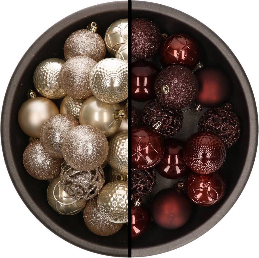 Decoris Kunststof kerstballen 74x stuks champagne en mahonie bruin 6 cm Kerstbal