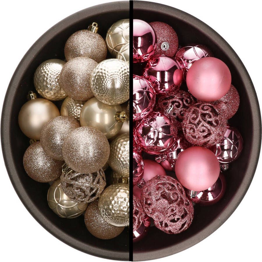 Decoris Kunststof kerstballen 74x stuks champagne en roze 6 cm Kerstbal