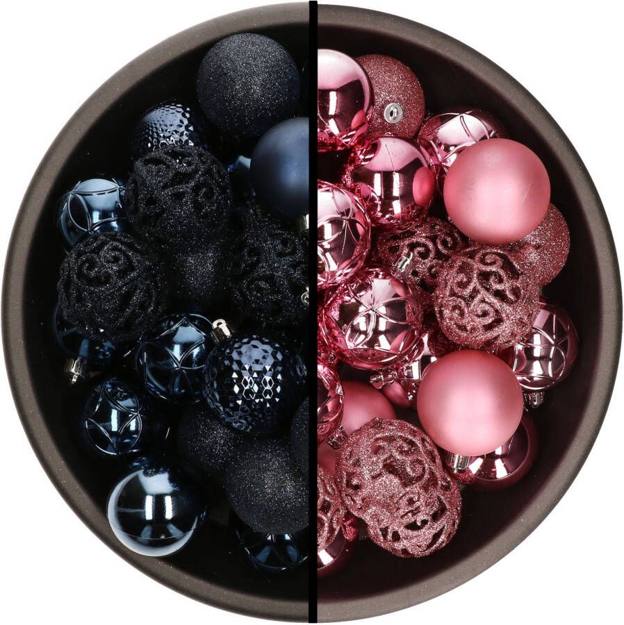Decoris Kunststof kerstballen 74x stuks donkerblauw en roze 6 cm Kerstbal