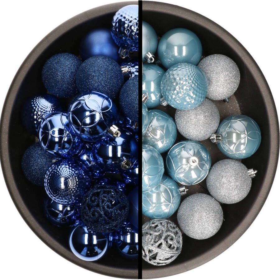 Decoris Kunststof kerstballen 74x stuks kobalt blauw en lichtblauw 6 cm Kerstbal