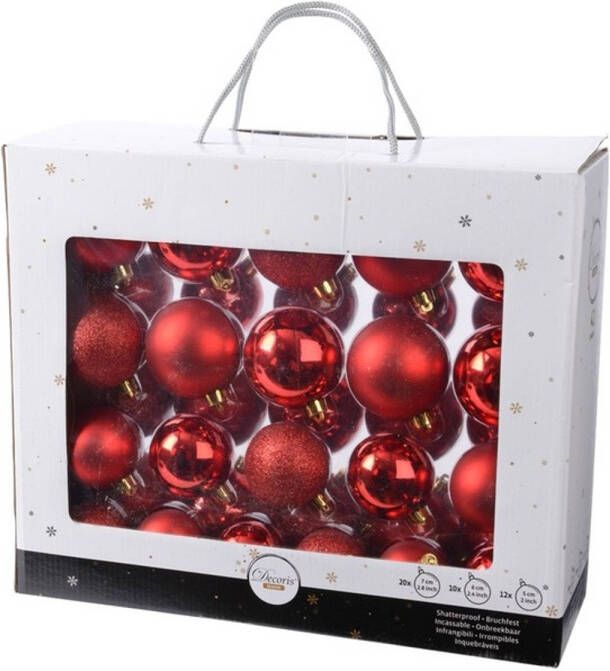 Decoris Kunststof kerstballen mix rood 42 delig glimmend en glitter Kerstbal