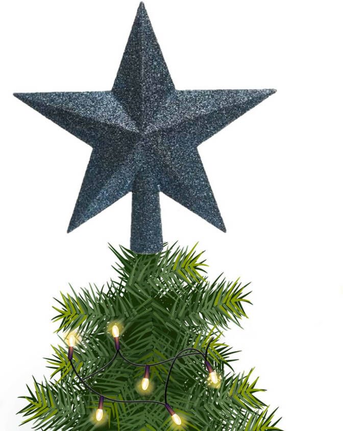 Decoris Kunststof piek kerst ster donkerblauw met glitters H19 cm kerstboompieken
