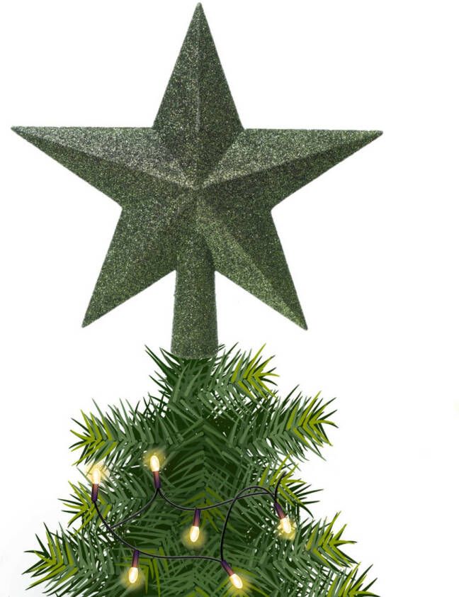 Decoris 1x Glitter piek in stervorm donkergroen 19 cm kunststof plastic kerstboompieken