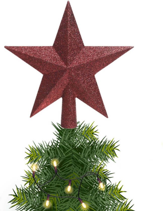 Decoris 1x Glitter piek in stervorm donkerrood 19 cm kunststof plastic kerstboompieken