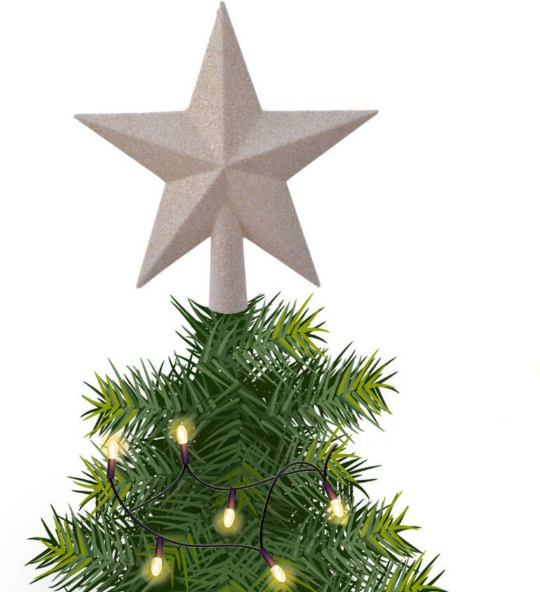 Decoris Kunststof piek kerst ster wol wit met glitters H19 cm kerstboompieken