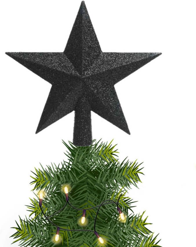 Decoris Kunststof piek kerst ster zwart met glitters H19 cm kerstboompieken