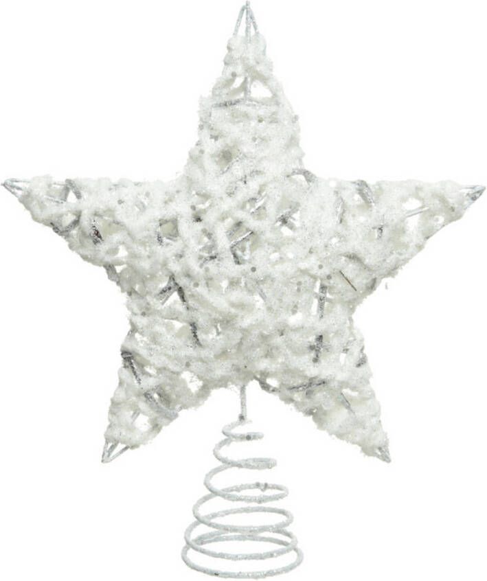 Decoris Kunststof ster piek kerstboom topper wit zilver 23 cm kerstboompieken