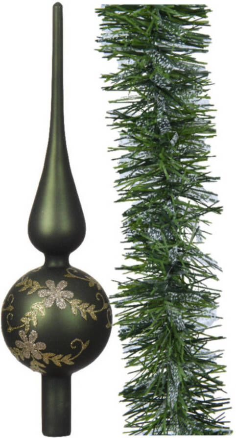 Decoris Luxe glazen piek gedecoreerd 31cm -en kerstslinger 270 cm -donkergroen kerstboompieken