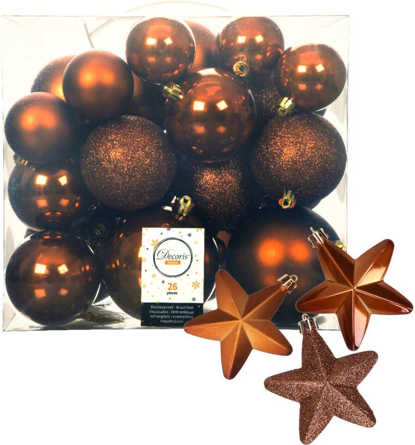 Decoris Pakket 32x stuks kunststof kerstballen en sterren ornamenten kaneel bruin Kerstbal