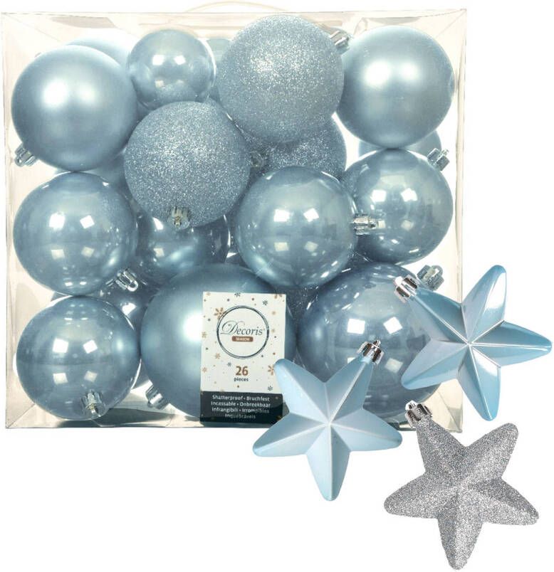 Decoris Pakket 32x stuks kunststof kerstballen en sterren ornamenten lichtblauw Kerstbal