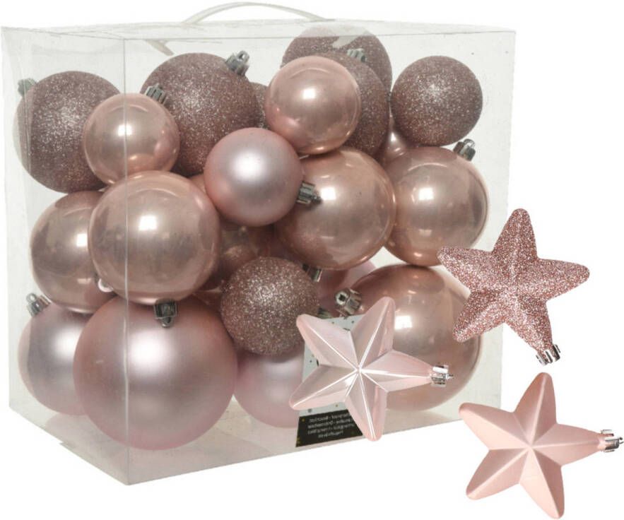 Decoris Pakket 32x stuks kunststof kerstballen en sterren ornamenten lichtroze Kerstbal