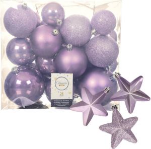 Decoris Pakket 32x stuks kunststof kerstballen en sterren ornamenten lila paars Kerstbal