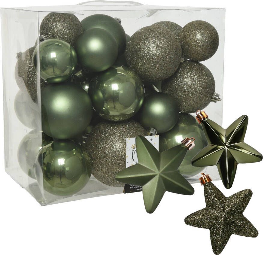 Decoris Pakket 32x stuks kunststof kerstballen en sterren ornamenten mosgroen Kerstbal