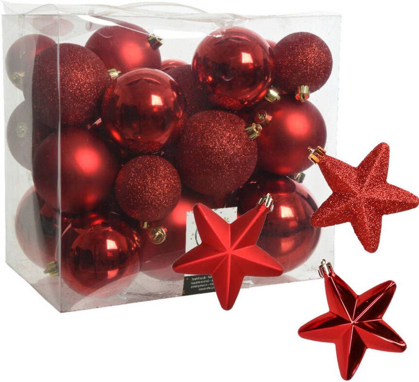 Decoris Pakket 32x stuks kunststof kerstballen en sterren ornamenten rood Kerstbal