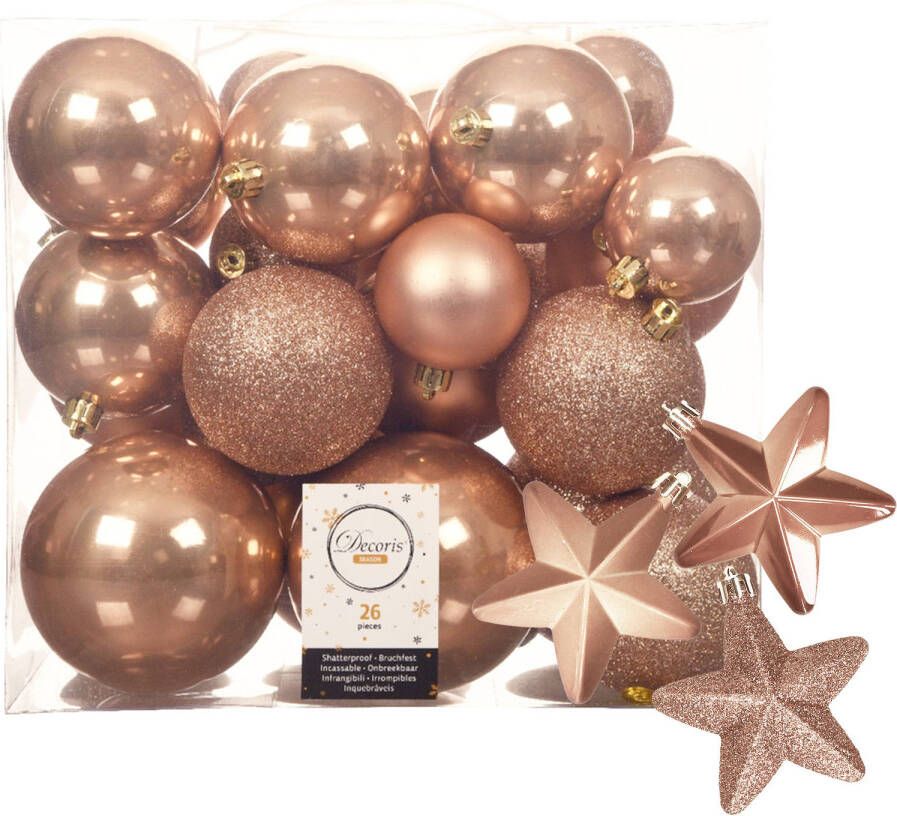 Decoris Pakket 32x stuks kunststof kerstballen en sterren ornamenten toffee bruin Kerstbal