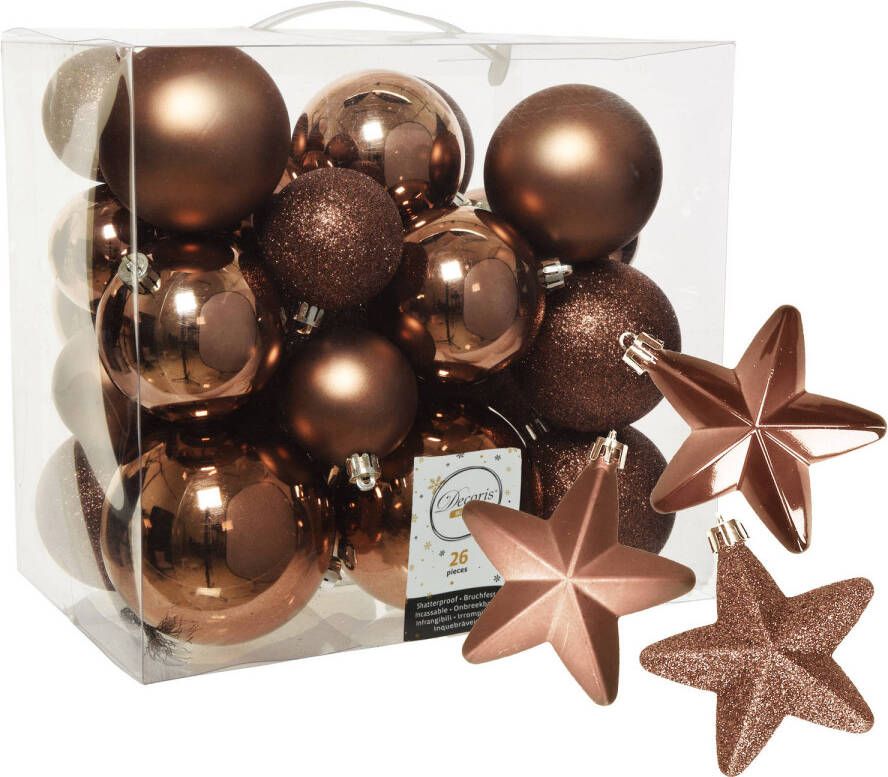 Decoris Pakket 32x stuks kunststof kerstballen en sterren ornamenten walnoot bruin Kerstbal