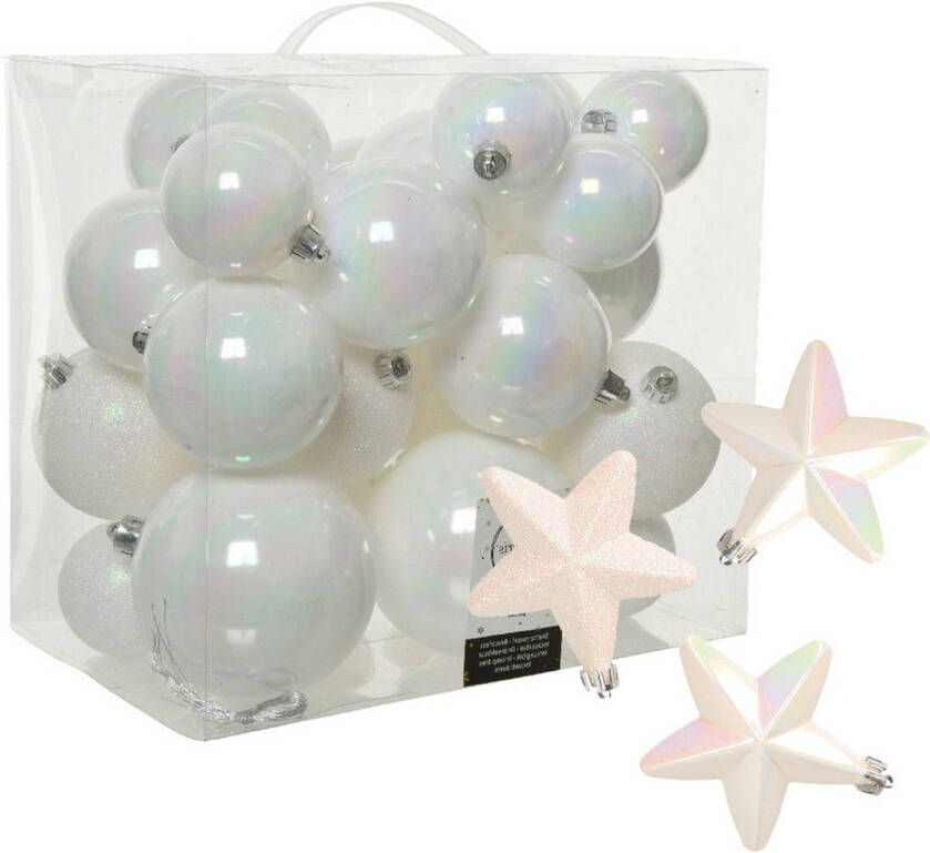 Decoris Pakket 32x stuks kunststof kerstballen en sterren ornamenten wit parelmoer Kerstbal