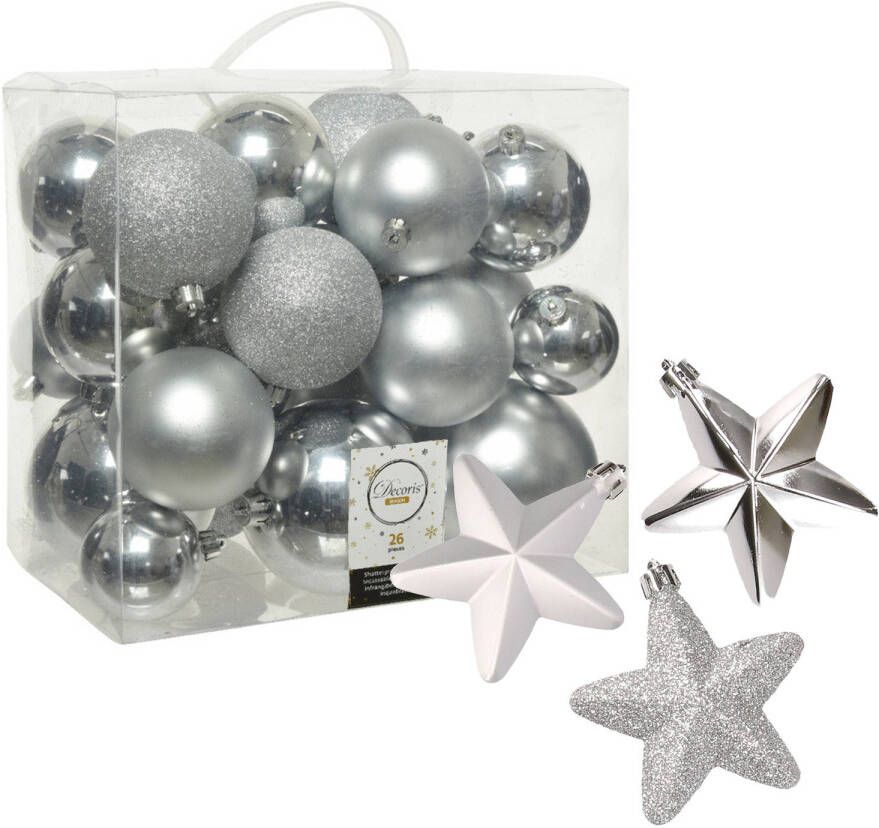 Decoris Pakket 32x stuks kunststof kerstballen en sterren ornamenten zilver Kerstbal