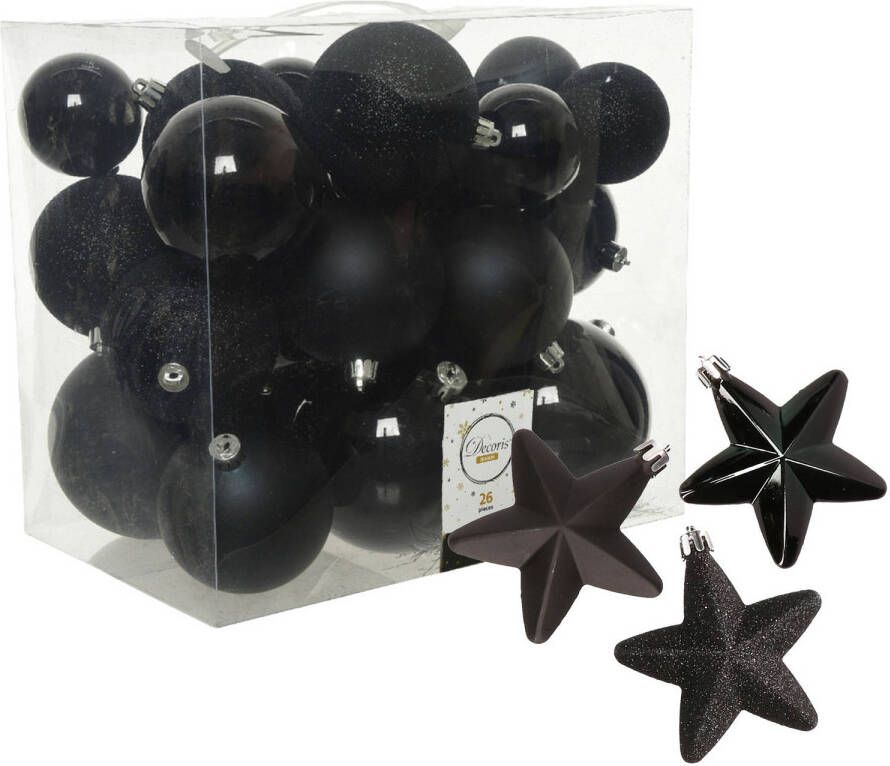 Decoris Pakket 32x stuks kunststof kerstballen en sterren ornamenten zwart Kerstbal