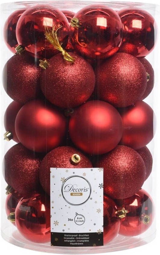 Decoris 34x Rode kerstversiering kerstballen kunststof 8 cm Kerstbal