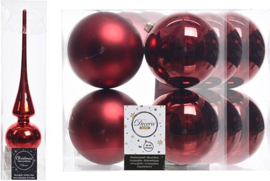 Decoris Rode kerstversiering kerstdecoratie set piek en 12x kerstballen 10 cm glans mat Kerstbal