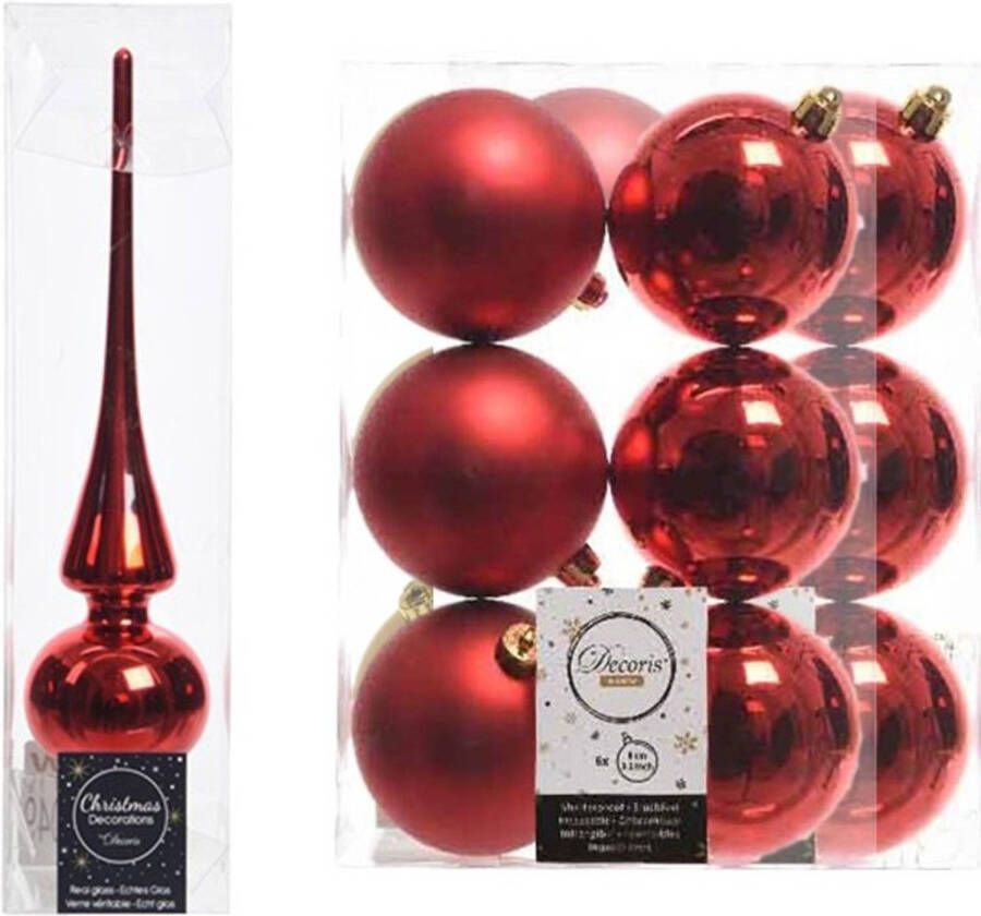Decoris Rode kerstversiering kerstdecoratie set piek en 12x kerstballen 8 cm glans mat Kerstbal