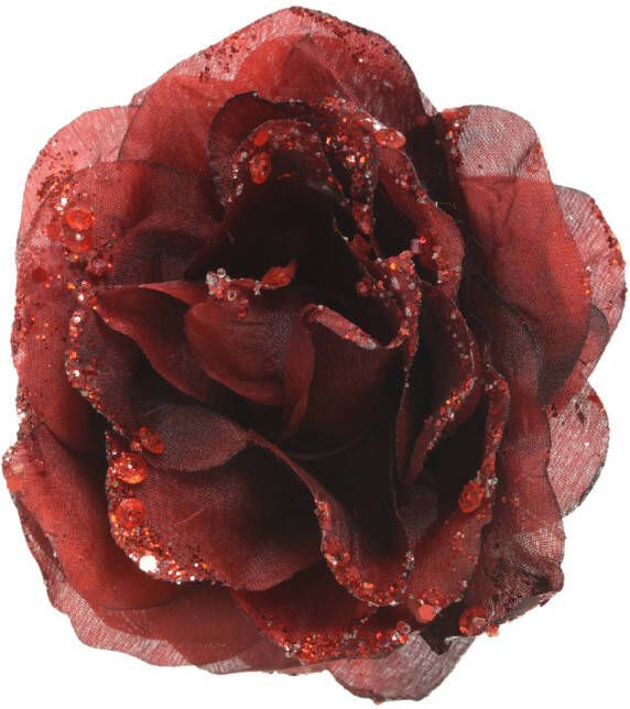 Decoris Kersthanger op clip roos donkerrood bloem glitter 14 cm Kunstbloemen