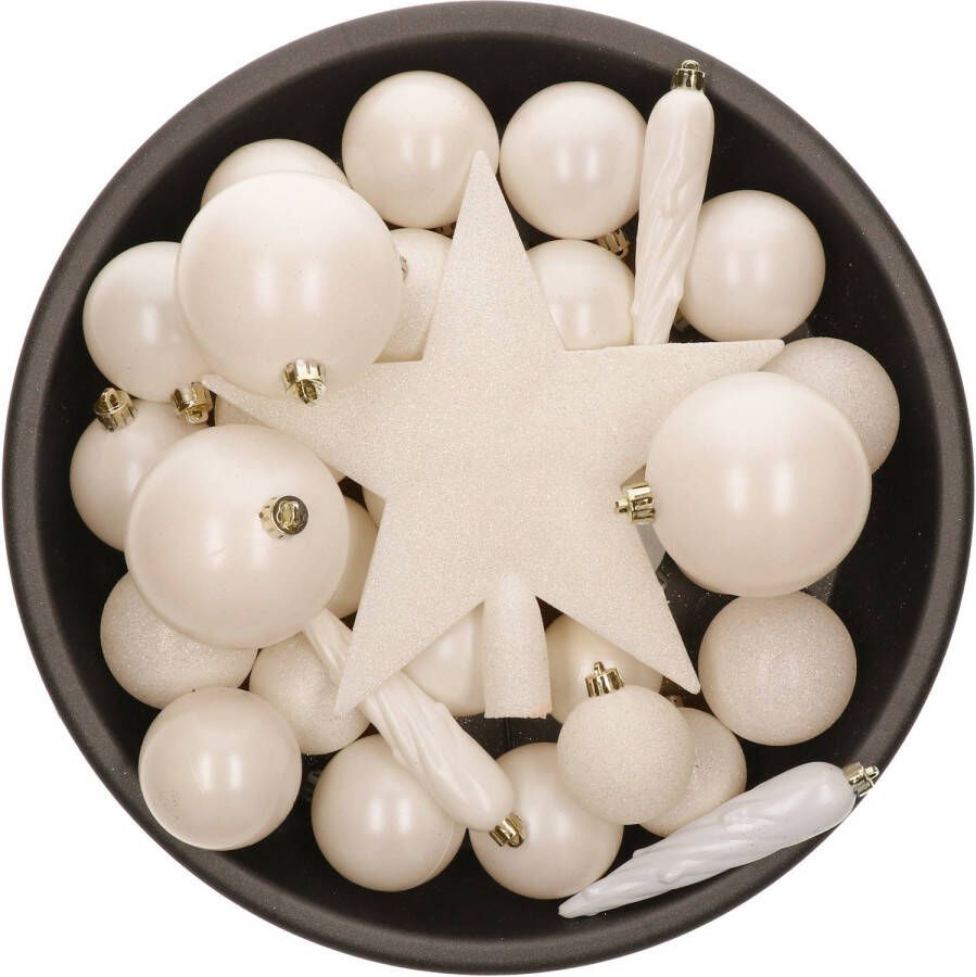 Decoris 45x stuks kunststof kerstballen en ijspegels met ster piek wol wit Kerstbal
