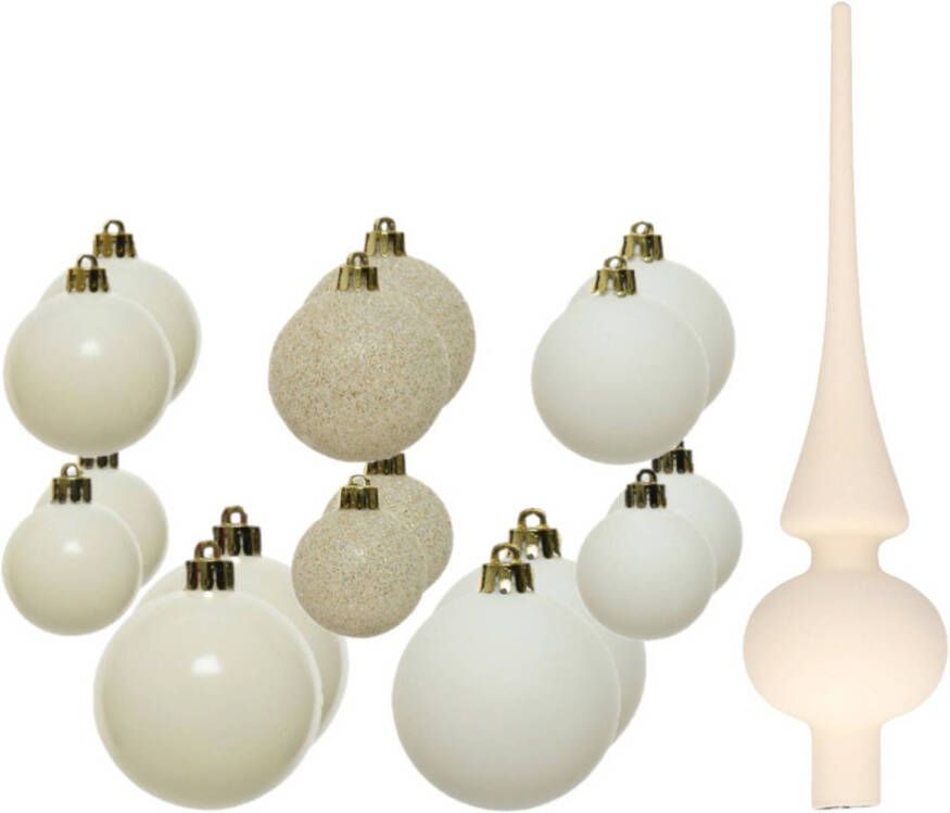 Decoris Set van 26x stuks kunststof kerstballen en glazen piek wol wit Kerstbal