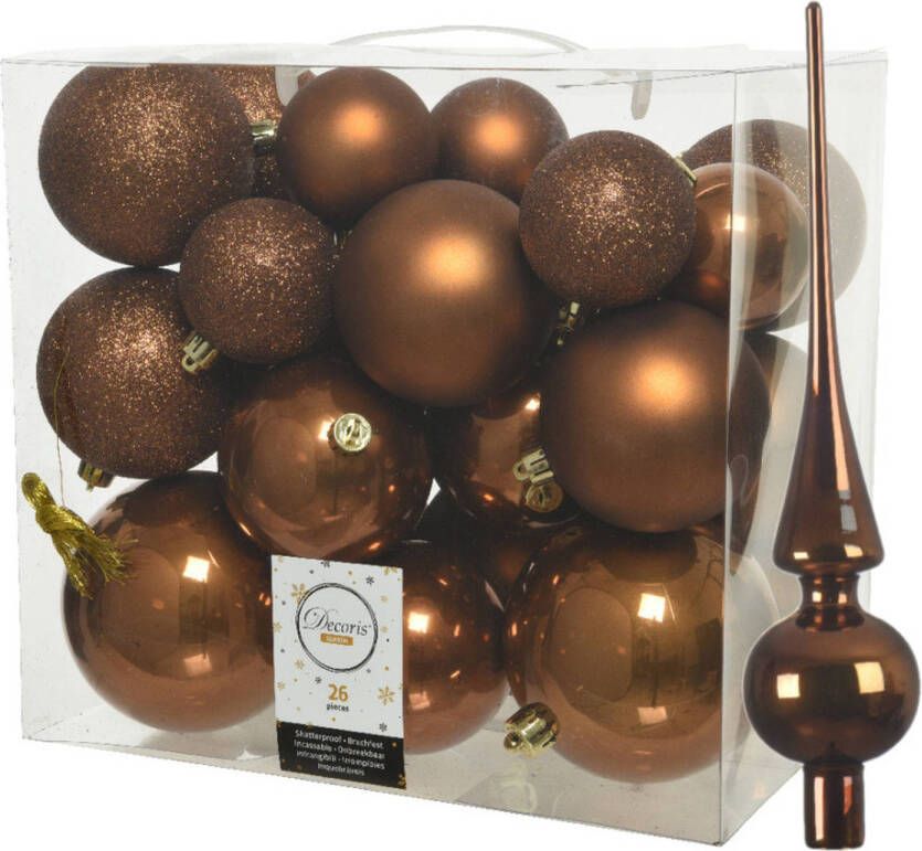 Decoris Set van 26x stuks kunststof kerstballen incl. glazen piek glans kaneel bruin Kerstbal