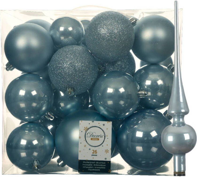 Decoris Set van 26x stuks kunststof kerstballen incl. glazen piek glans lichtblauw Kerstbal