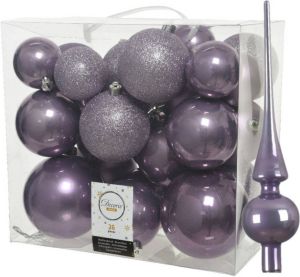 Decoris Set van 26x stuks kunststof kerstballen incl. glazen piek glans lila paars Kerstbal