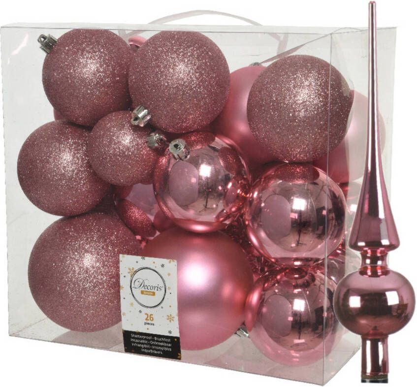 Decoris Set van 26x stuks kunststof kerstballen incl. glazen piek glans lippenstift roze Kerstbal