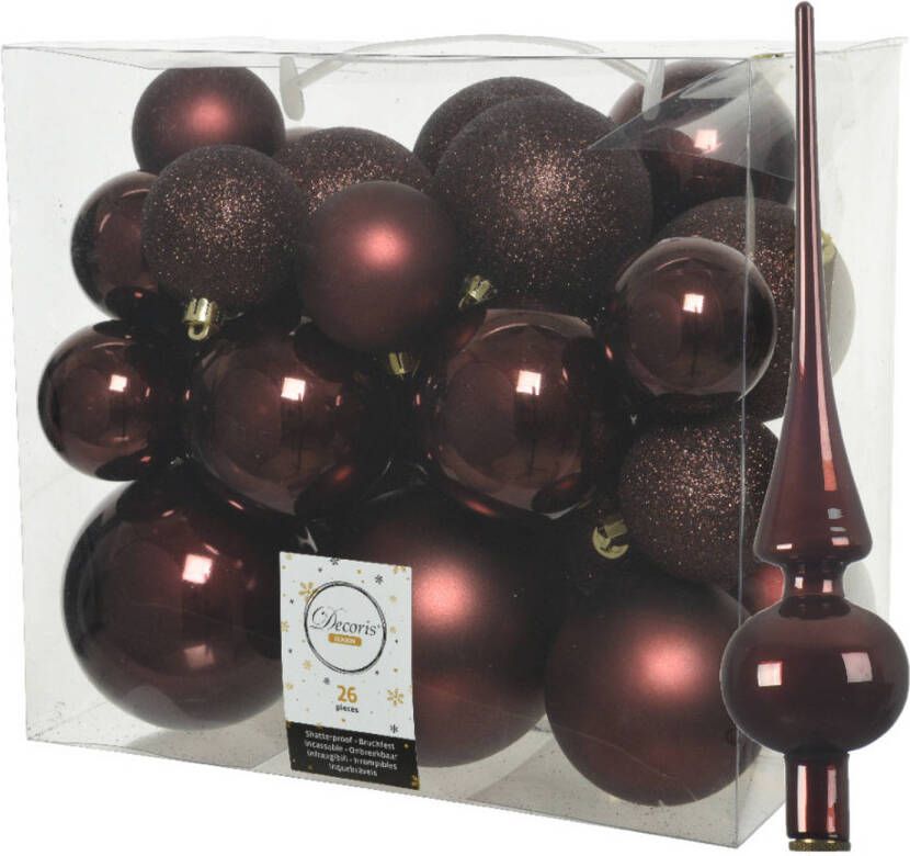 Decoris Set van 26x stuks kunststof kerstballen incl. glazen piek glans mahonie bruin Kerstbal