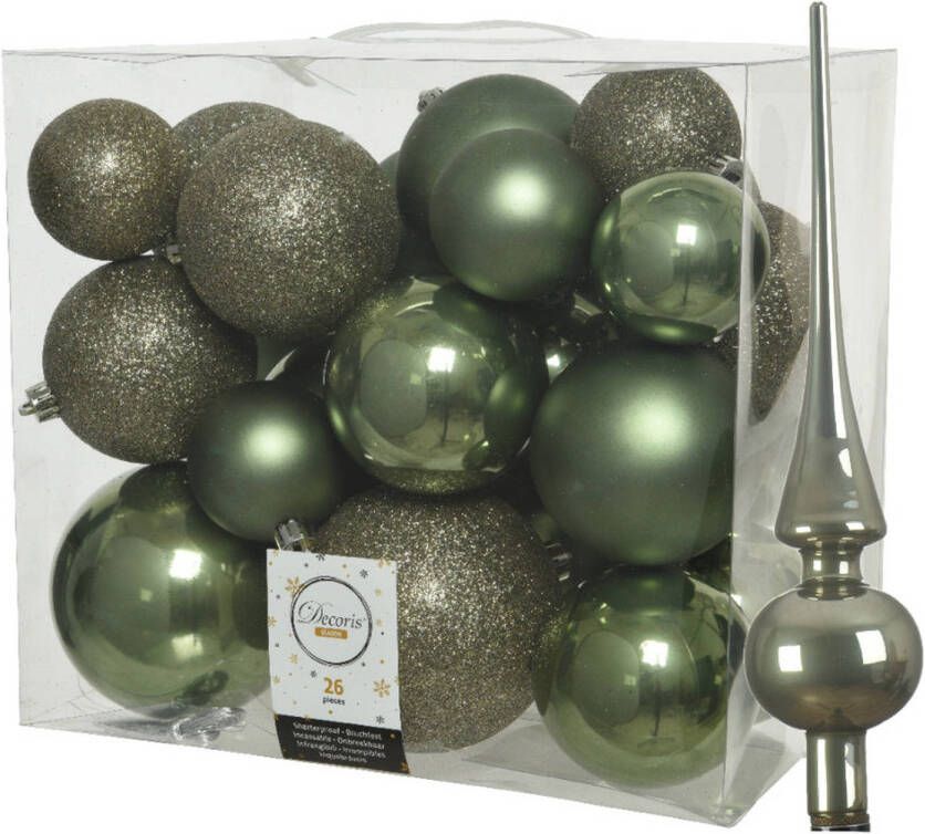 Decoris Set van 26x stuks kunststof kerstballen incl. glazen piek glans mosgroen Kerstbal