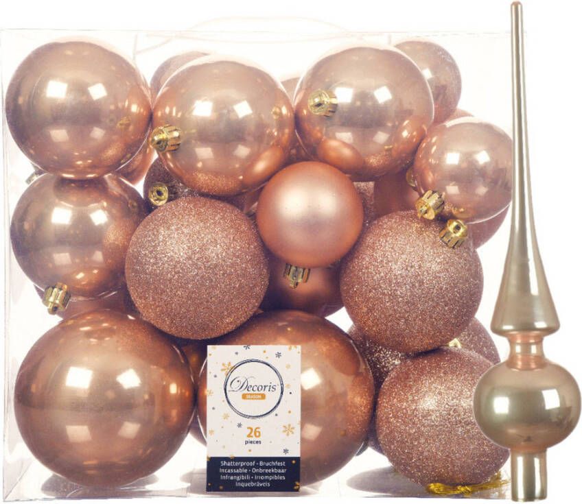 Decoris Set van 26x stuks kunststof kerstballen incl. glazen piek glans toffee bruin Kerstbal