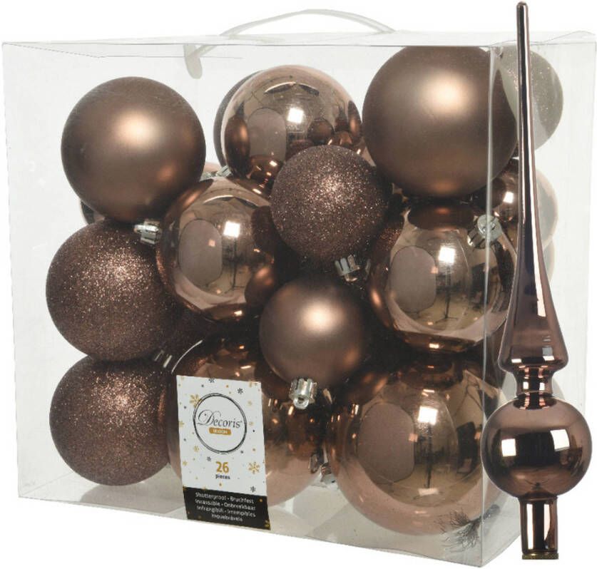 Decoris Set van 26x stuks kunststof kerstballen incl. glazen piek glans walnoot bruin Kerstbal