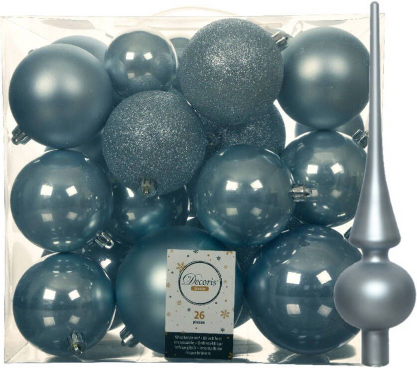 Decoris Set van 26x stuks kunststof kerstballen incl. glazen piek mat lichtblauw Kerstbal