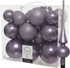 Decoris Set van 26x stuks kunststof kerstballen incl. glazen piek mat lila paars Kerstbal