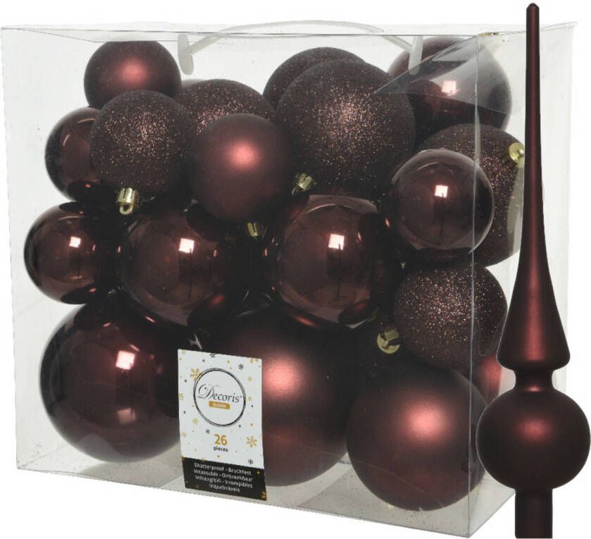 Decoris Set van 26x stuks kunststof kerstballen incl. glazen piek mat mahonie bruin Kerstbal