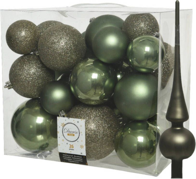 Decoris Set van 26x stuks kunststof kerstballen incl. glazen piek mat mosgroen Kerstbal