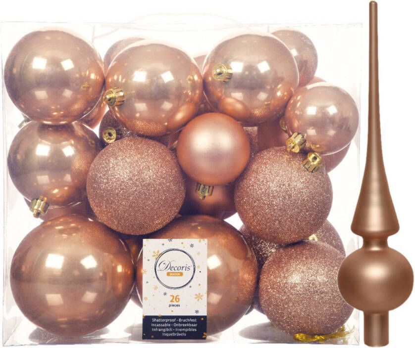Decoris Set van 26x stuks kunststof kerstballen incl. glazen piek mat toffee bruin Kerstbal