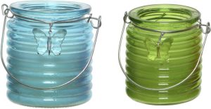 Decoris Set van 2x stuks citronella anti muggen kaarsen windlicht blauw en groen 20 branduren geurkaarsen