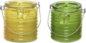 Decoris Set van 2x stuks citronella anti muggen kaarsen windlicht geel en groen 20 branduren geurkaarsen