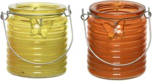 Decoris Set van 2x stuks citronella anti muggen kaarsen windlicht geel en oranje 20 branduren geurkaarsen