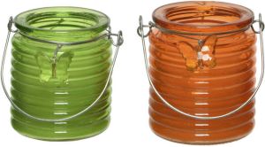 Decoris Set van 2x stuks citronella anti muggen kaarsen windlicht groen en oranje 20 branduren geurkaarsen
